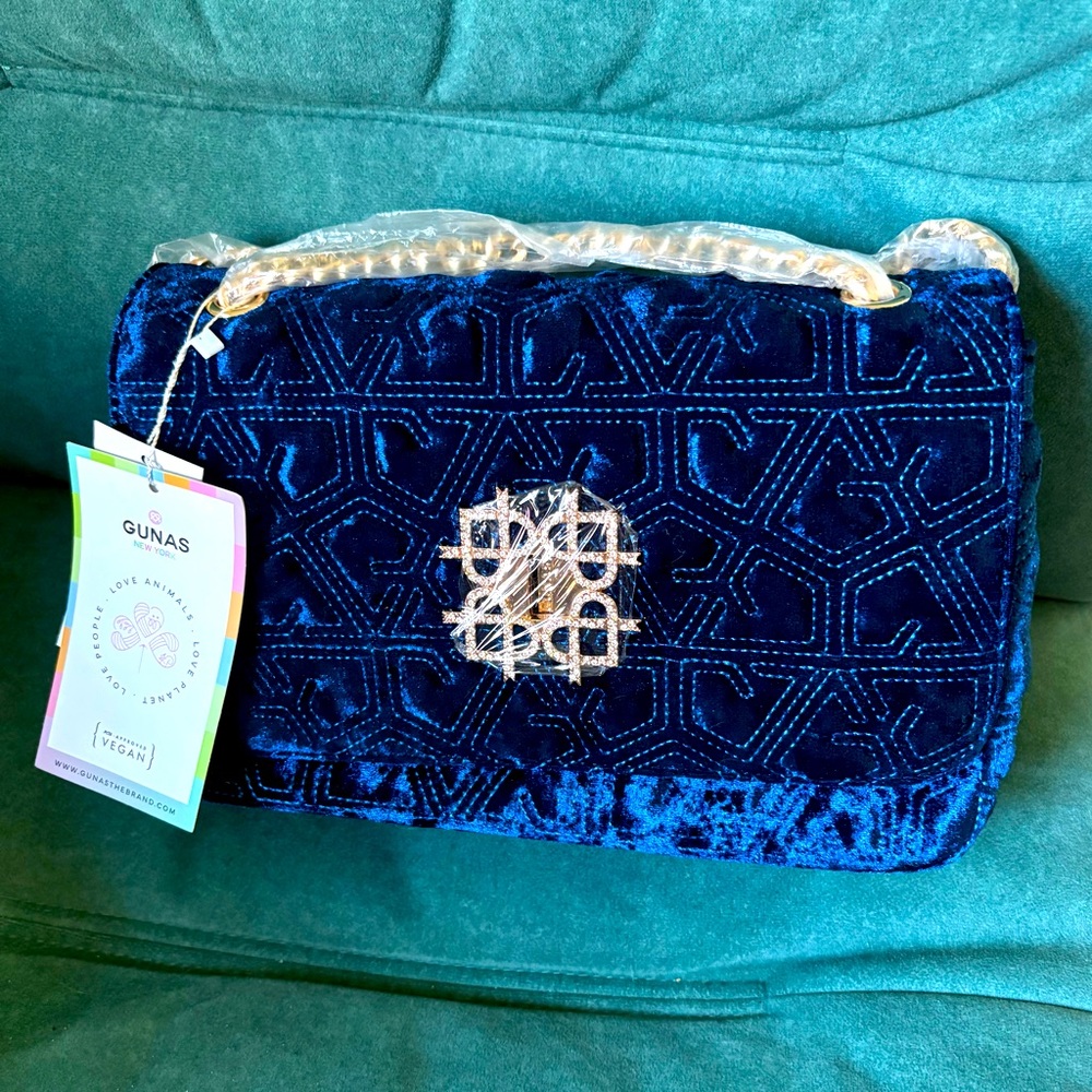 Gunas Navy Velvet and Gold Bag NWT